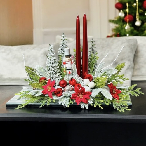 Stroik świąteczny bożonarodzeniowy na szklanej tacy 