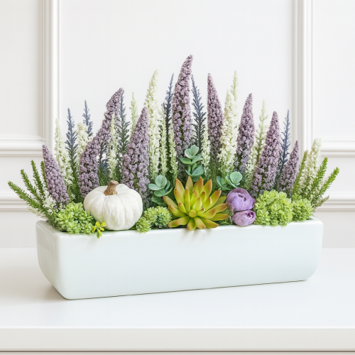 Kompozycja z wrzosów w podłużnej rynnie   