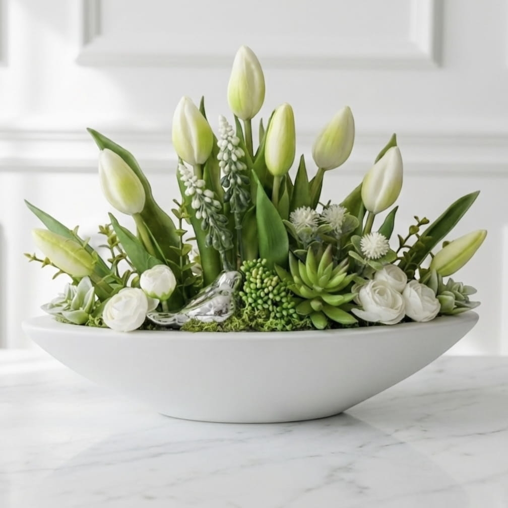 Silikonowe tulipany, stroik wielkanocny