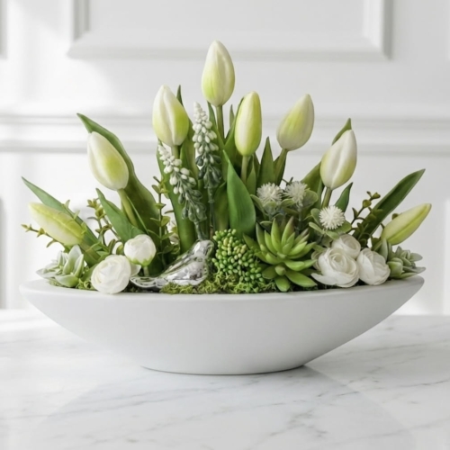 Stroik wielkanocny silikonowych tulipanów w ceramicznej łódce