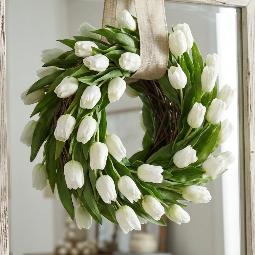 Wianek wiosenny na drzwi, wianek wielkanocny, wianek z tulipanów
