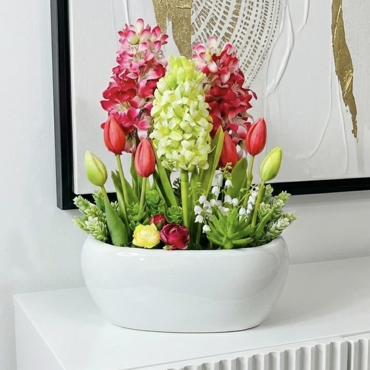 Sztuczny hiacynt, silikonowe tulipany, kompozycja wiosenna