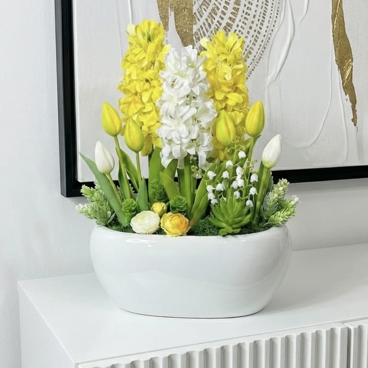 Sztuczny hiacynt, silikonowe tulipany, kompozycja wiosenna