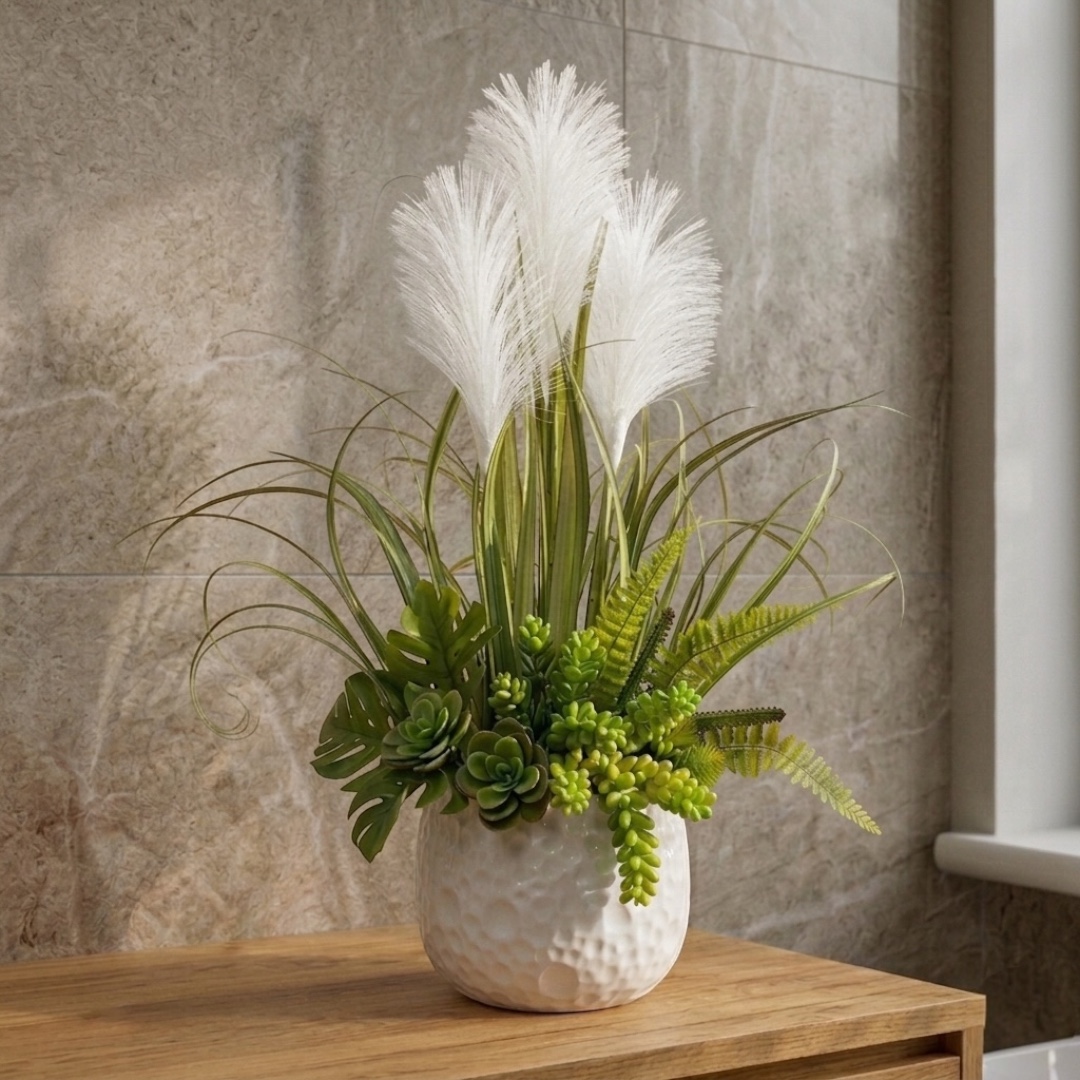 Sztuczna trawa pampasowa z sukulentami w doniczce