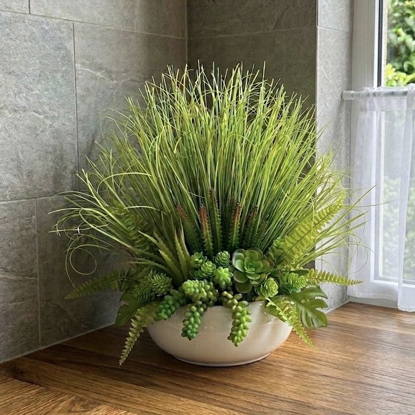 Sztuczna trawa w doniczce z sukulentami