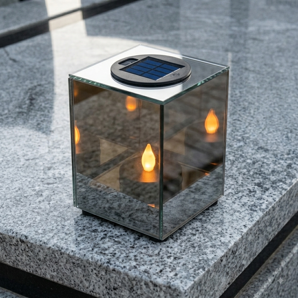 Znicz solarny LED w szklanej, lustrzanej obudowie